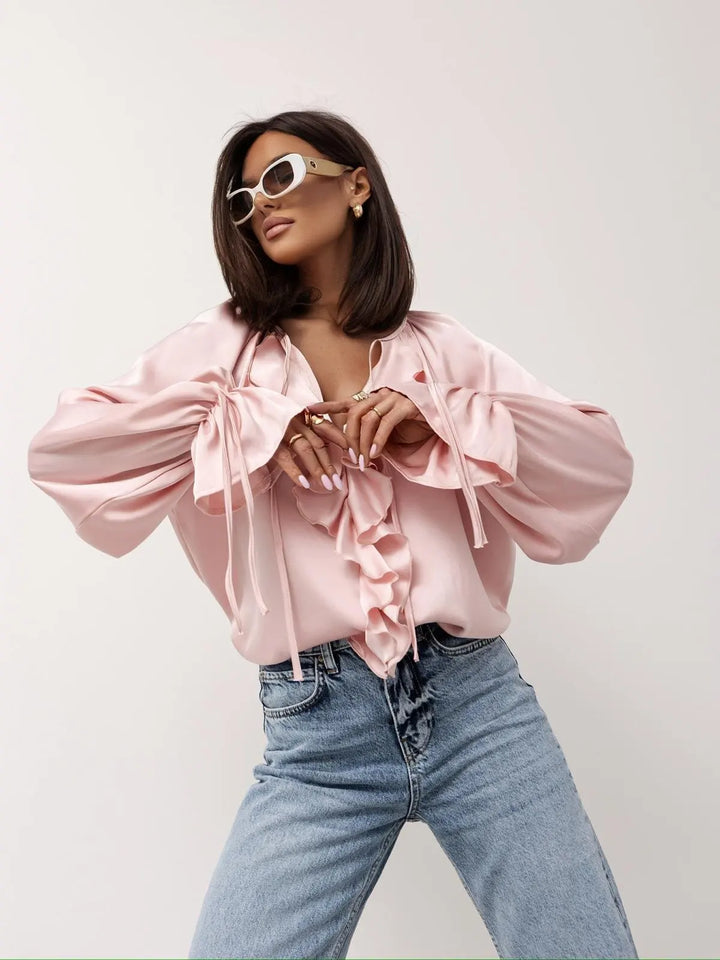Olivia Bennet | Satin Ruffle Blouse for Women