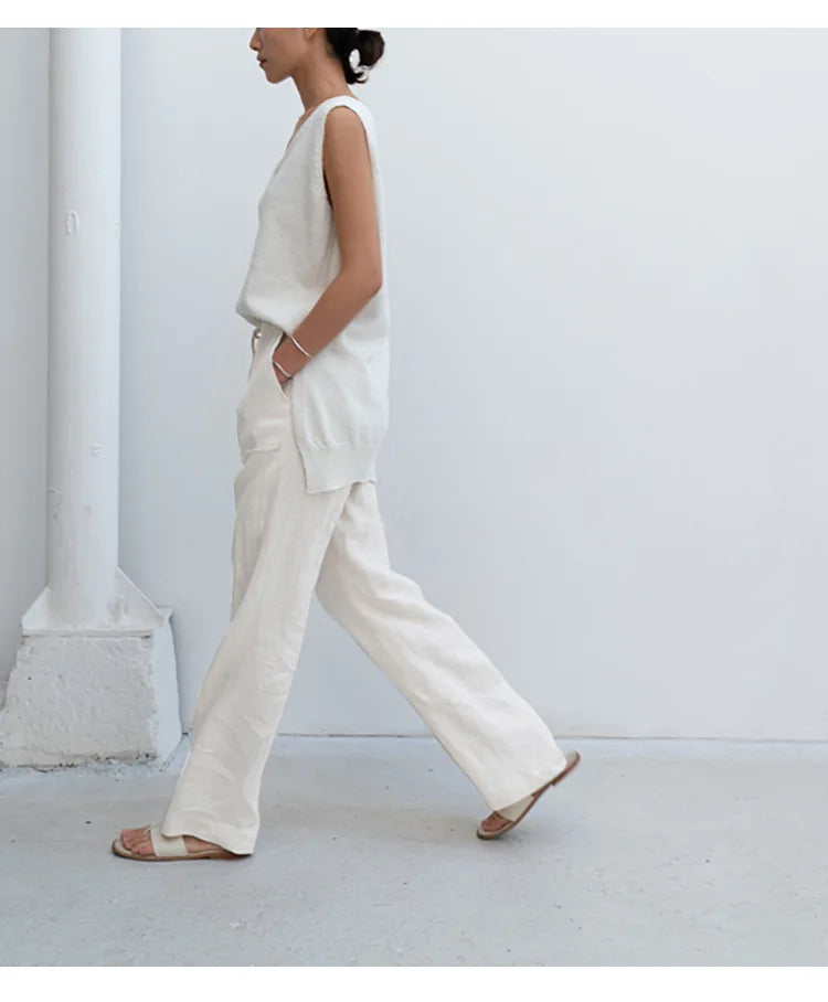 Olivia Bennet | Drawstring Straight Linen Pant for Women in Natural