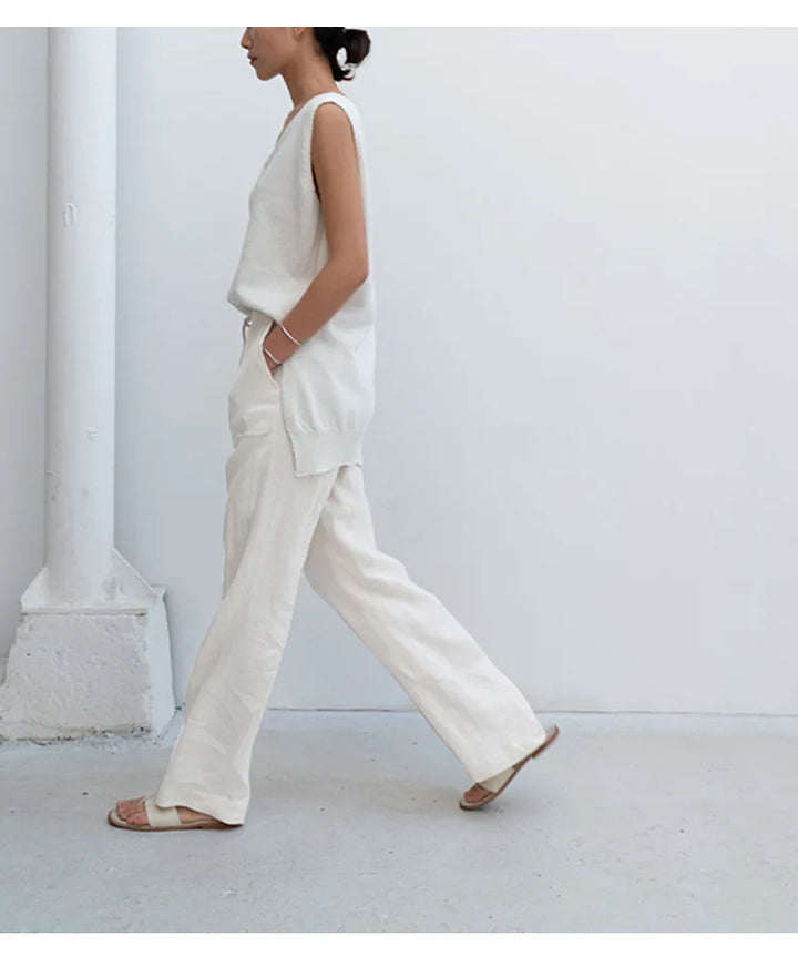 Olivia Bennet | Drawstring Straight Linen Pant for Women in Natural