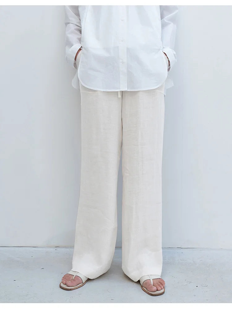 Olivia Bennet | Drawstring Straight Linen Pant for Women in Natural