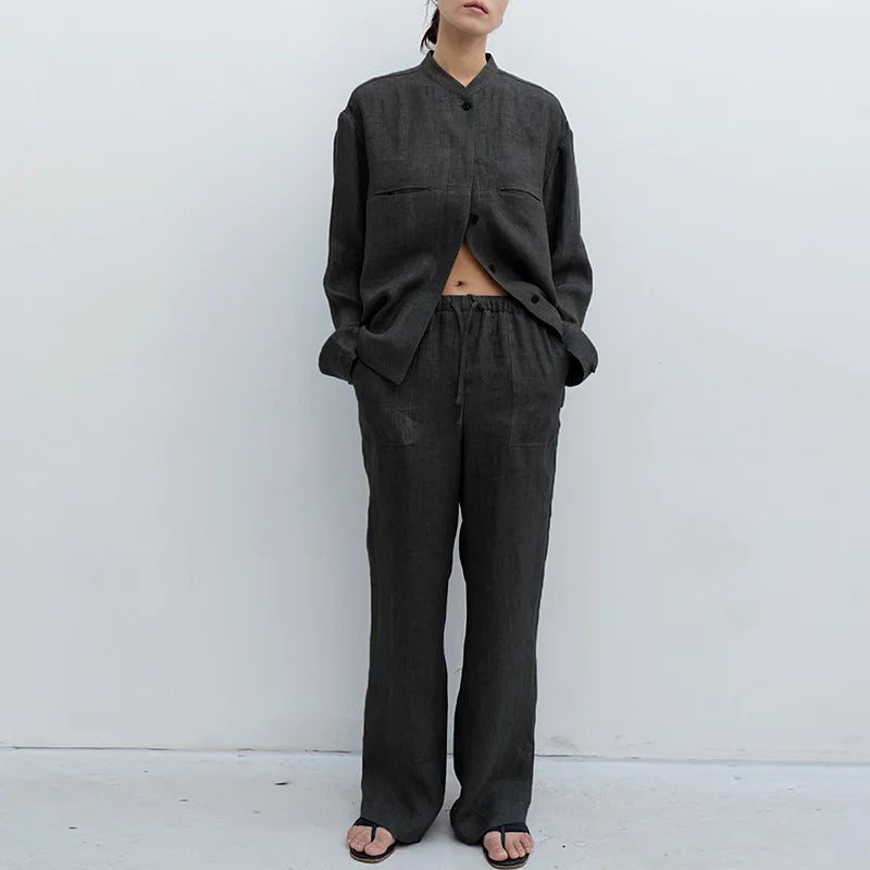 Olivia Bennet | Drawstring Straight Linen Pant for Women in Natural