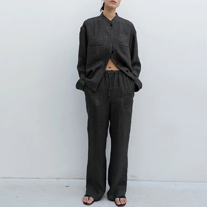 Olivia Bennet | Drawstring Straight Linen Pant for Women in Natural