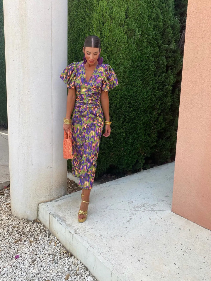 Women’s Summer Printed Puff Sleeve Midi Dress
