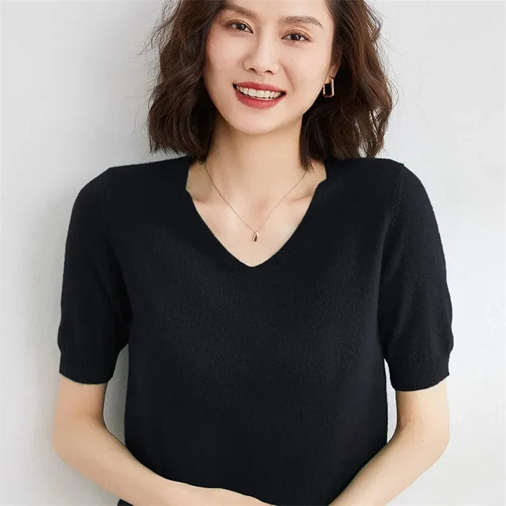 Olivia Bennet | V-Neck Knit Top for Women in Natural Color
