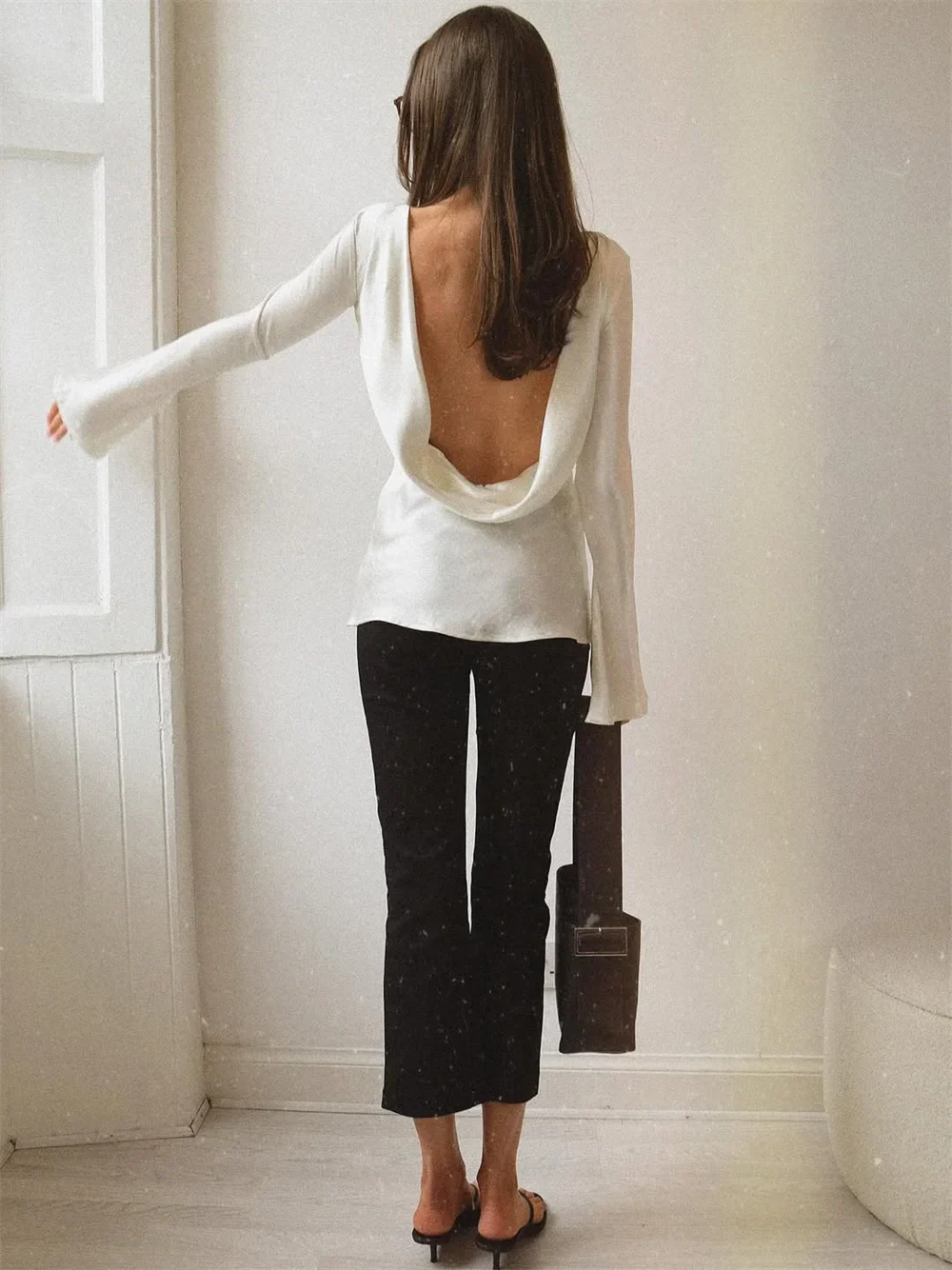 Olivia Bennet | Satin Long Sleeve Bell Cuff Top for Women