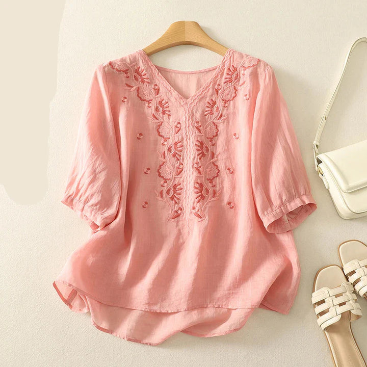 Olivia Bennet | V-Neck Cotton Blouse for Women in White