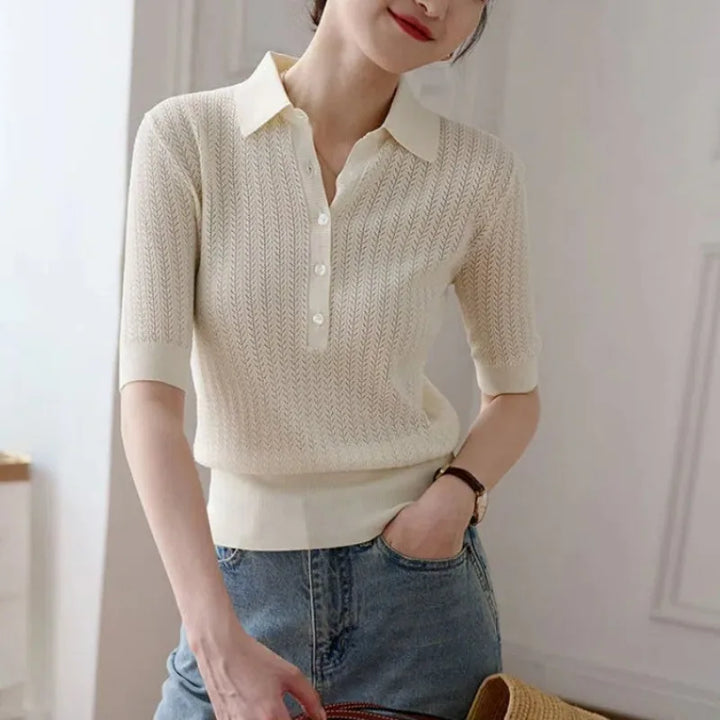 Olivia Bennet | Ribbed Knit Polo Blouse for Women in Natural Color