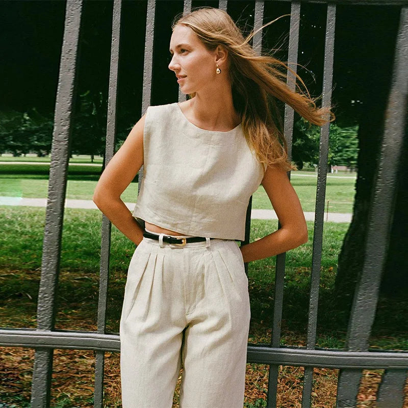 Olivia Bennet | Crop Linen Top for Women in Natural Color