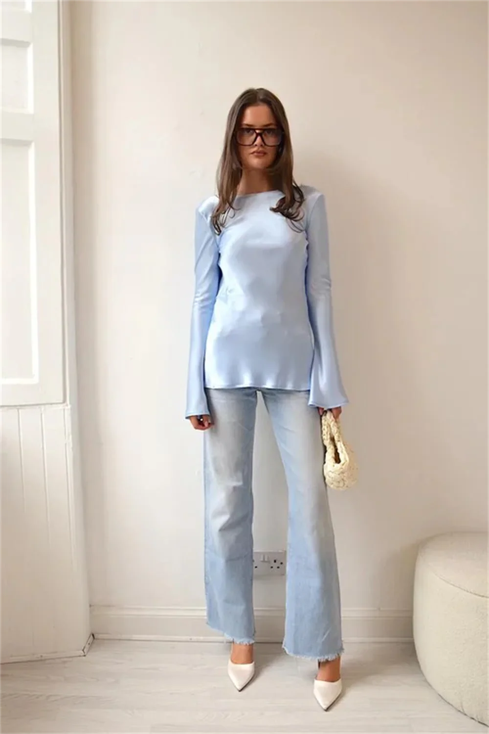Olivia Bennet | Satin Long Sleeve Bell Cuff Top for Women