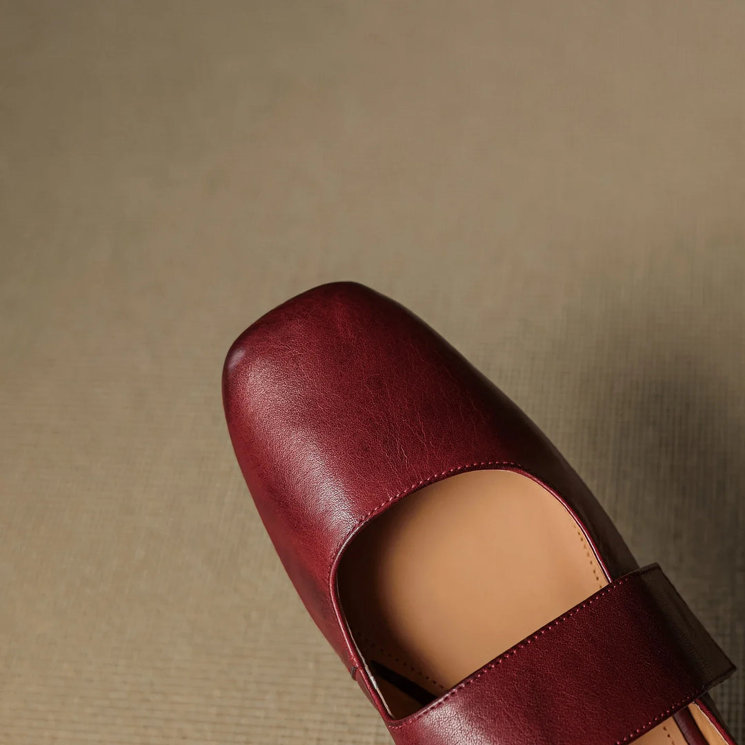 Olivia Bennet | Leather Square Toe Chunky Heel Mules