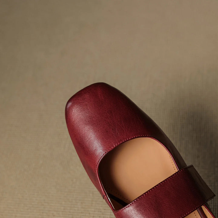 Olivia Bennet | Leather Square Toe Chunky Heel Mules