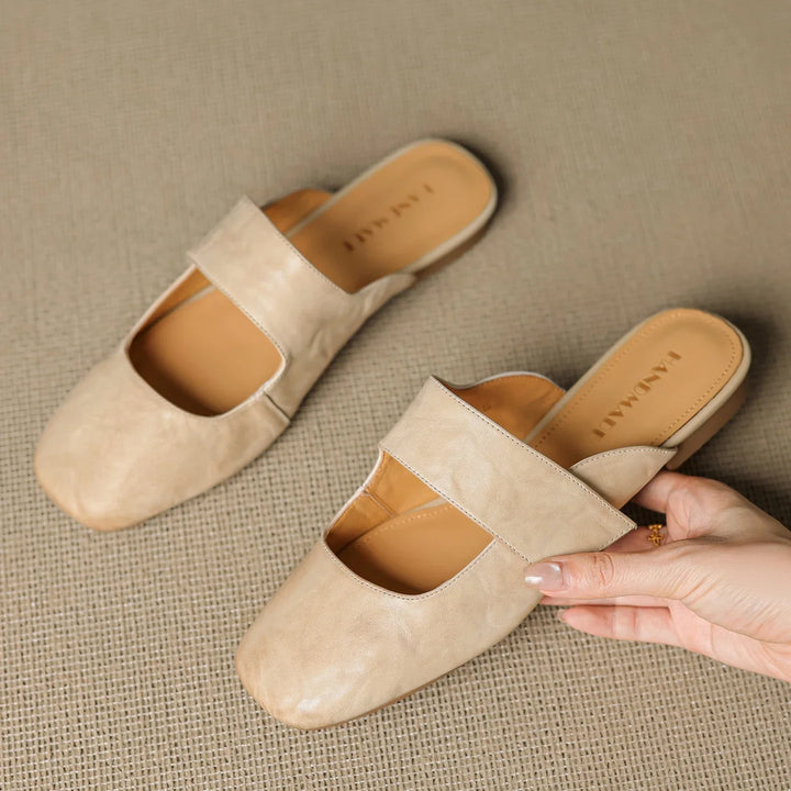 Olivia Bennet | Leather Square Toe Chunky Heel Mules
