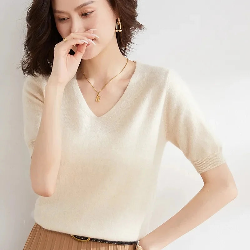 Olivia Bennet | V-Neck Knit Top for Women in Natural Color