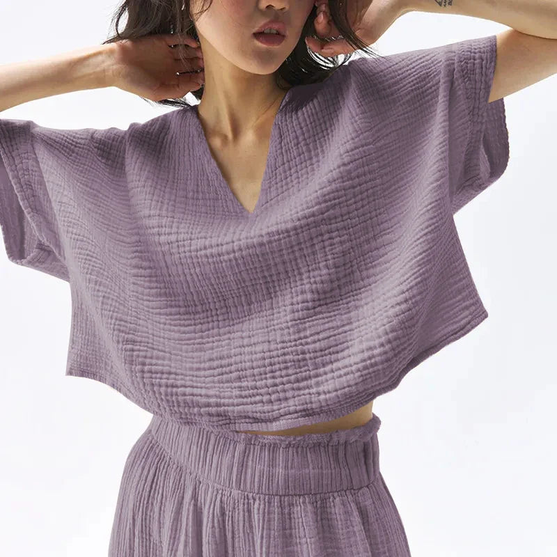 Olivia Bennet | V-Neck Crop Tee for Women in Gauze Fabric