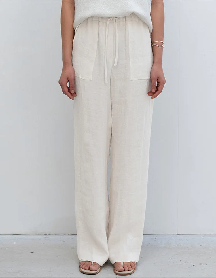 Olivia Bennet | Drawstring Straight Linen Pant for Women in Natural