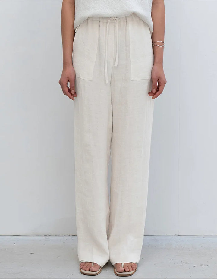 Olivia Bennet | Drawstring Straight Linen Pant for Women in Natural