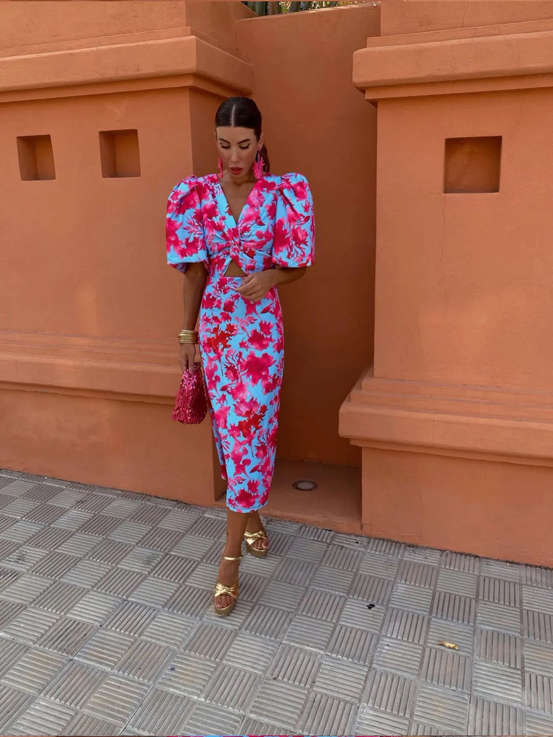 Women’s Summer Printed Puff Sleeve Midi Dress