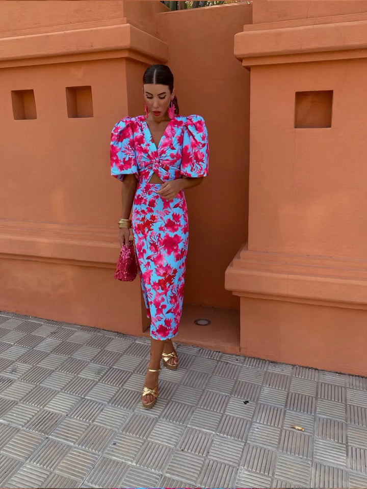 Women’s Summer Printed Puff Sleeve Midi Dress