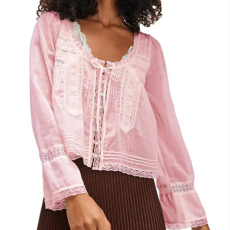 Olivia Bennet | Lace Trim Tie-Front Blouse