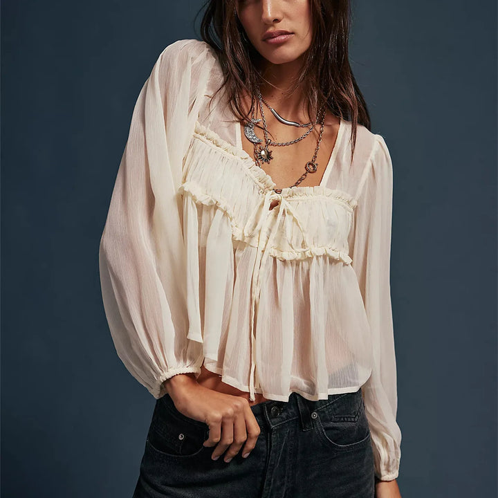 Olivia Bennet | Chiffon Tie Blouse for Women in Soft White