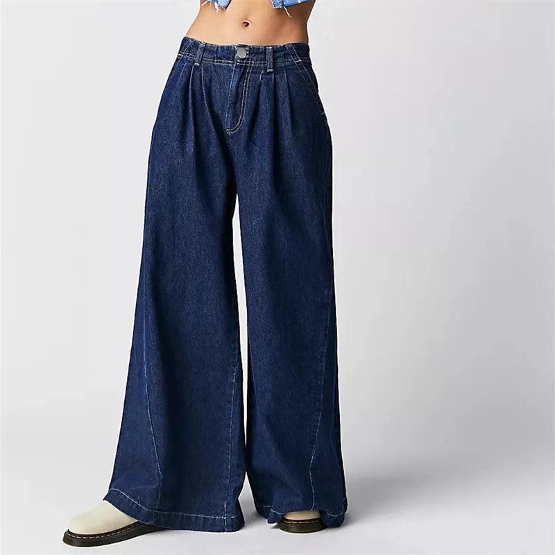 Olivia Bennet | Pleated Wide-Leg Jeans for Women in Denim