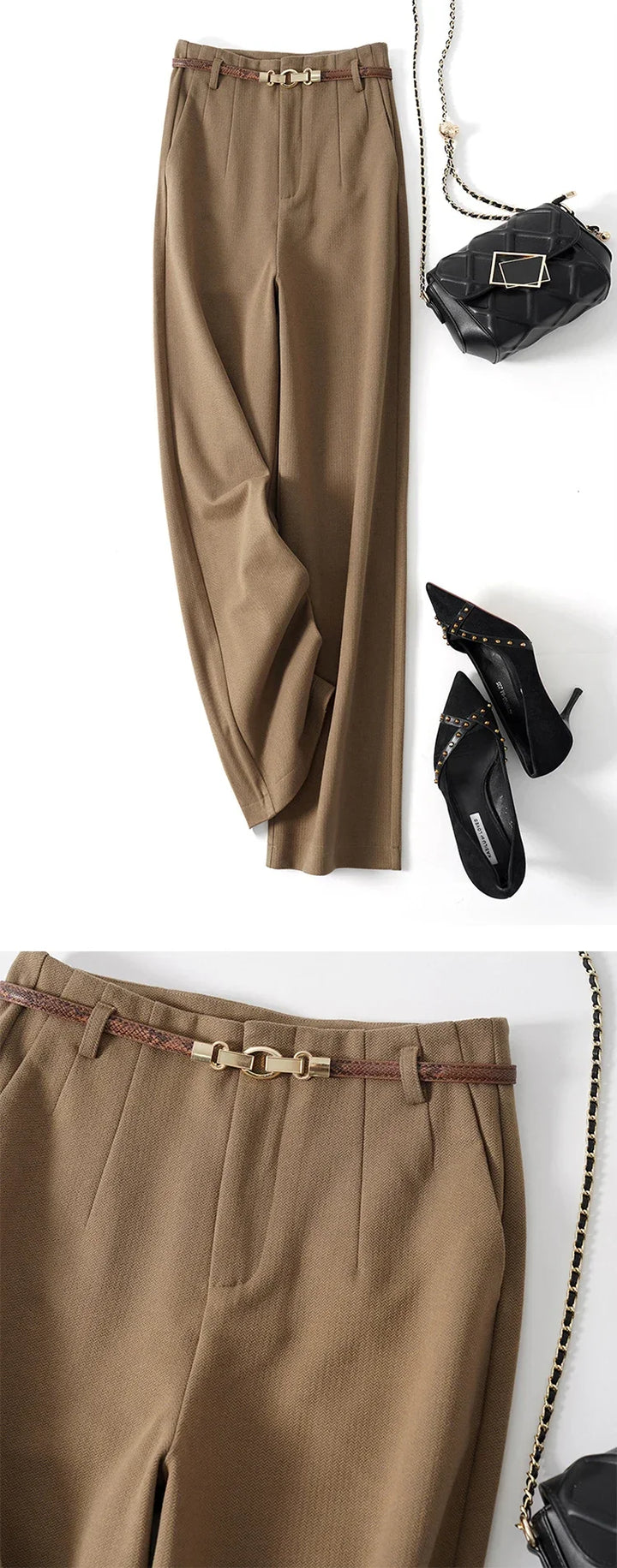 Olivia Bennet | Wide Leg Wool Trousers for Women in Black