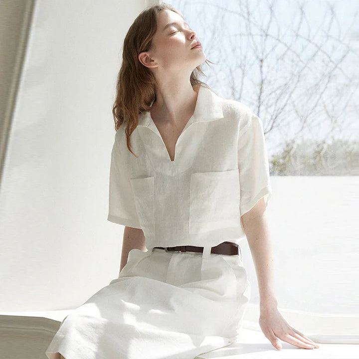 Olivia Bennet | Linen Polo Top for Women in Natural Fit