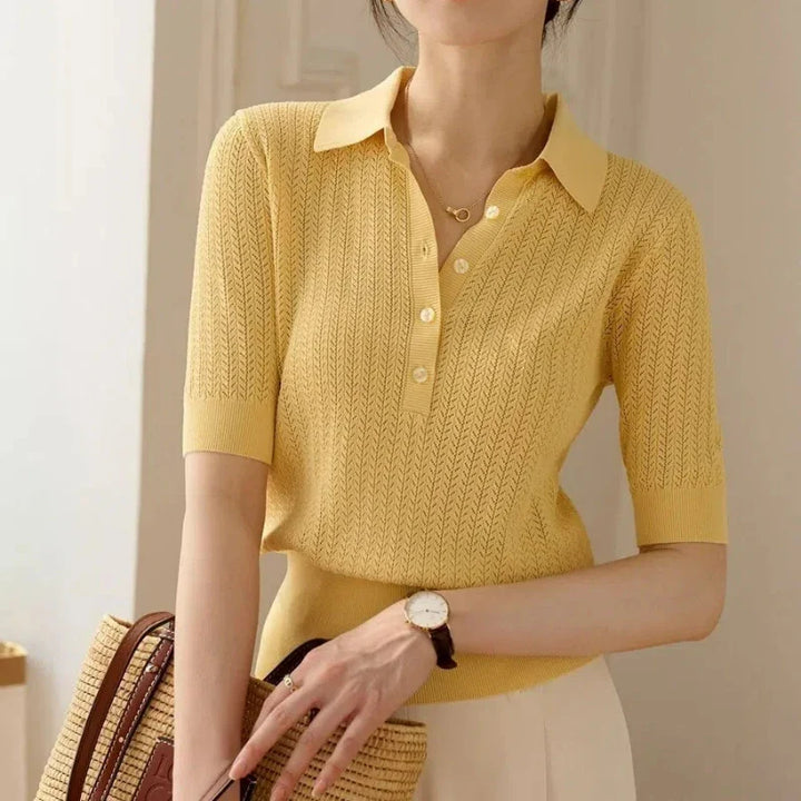Olivia Bennet | Ribbed Knit Polo Blouse for Women in Natural Color