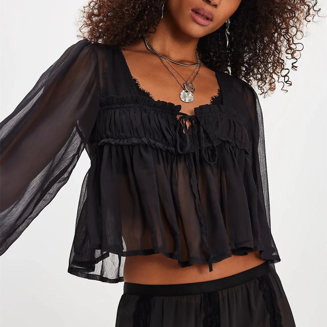 Olivia Bennet | Chiffon Tie Blouse for Women in Soft White