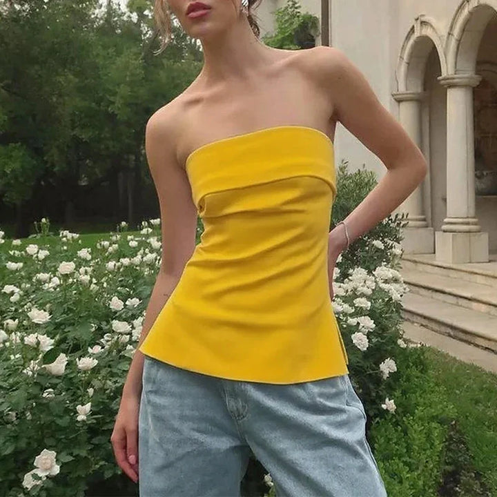 Olivia Bennet | Linen Strapless Tube Crop Top for Women
