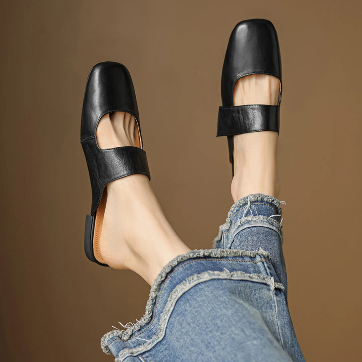 Olivia Bennet | Leather Square Toe Chunky Heel Mules