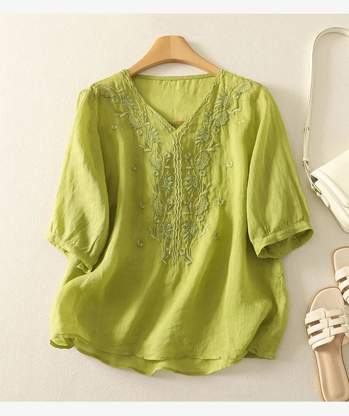 Olivia Bennet | V-Neck Cotton Blouse for Women in White