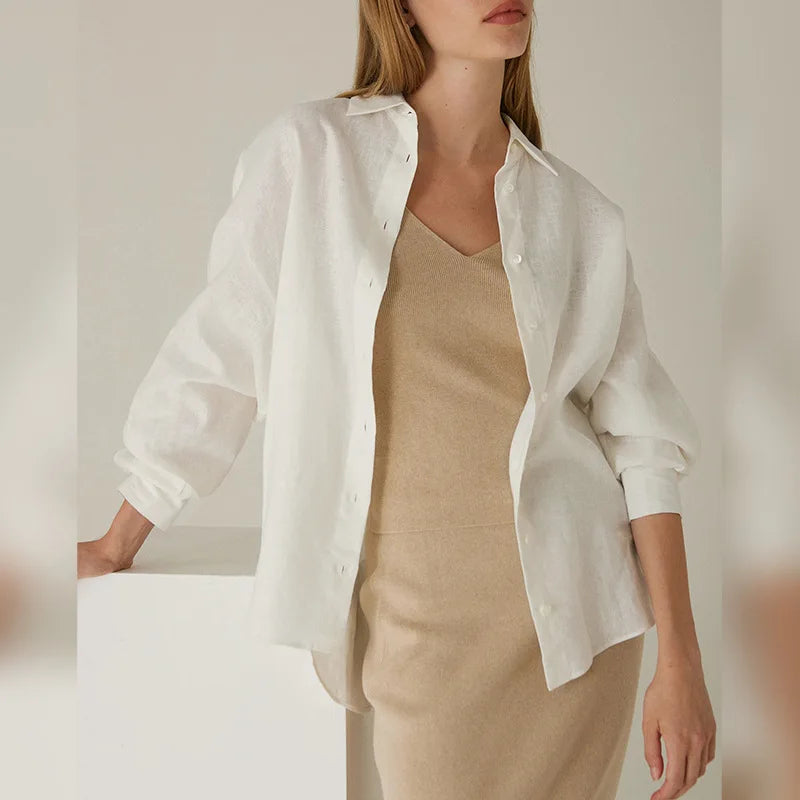 Olivia Bennet | Linen Shirt for Women in White with Slit Hem
