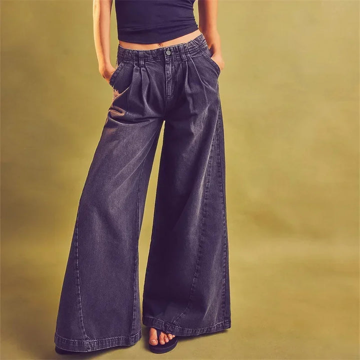 Olivia Bennet | Pleated Wide-Leg Jeans for Women in Denim