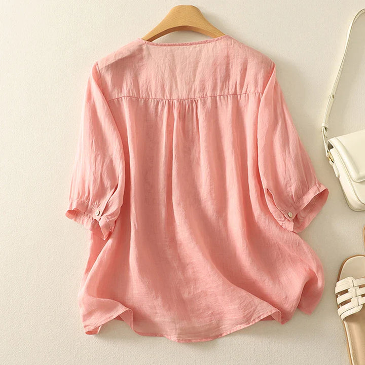 Olivia Bennet | V-Neck Cotton Blouse for Women in White