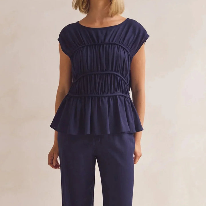 Olivia Bennet | Ruched Cap Sleeve Peplum Top for Women