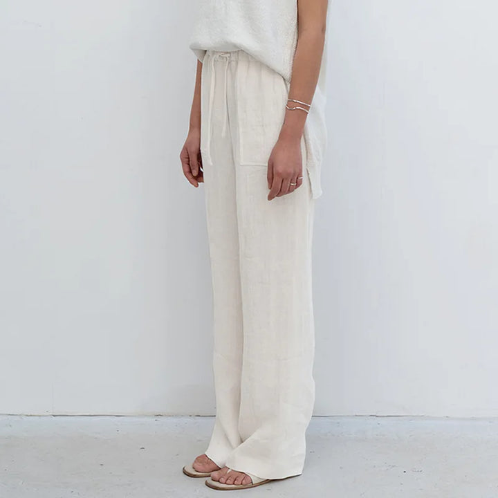 Olivia Bennet | Drawstring Straight Linen Pant for Women in Natural