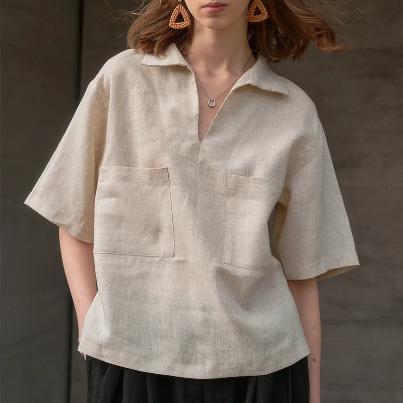 Olivia Bennet | Linen Polo Top for Women in Natural Fit