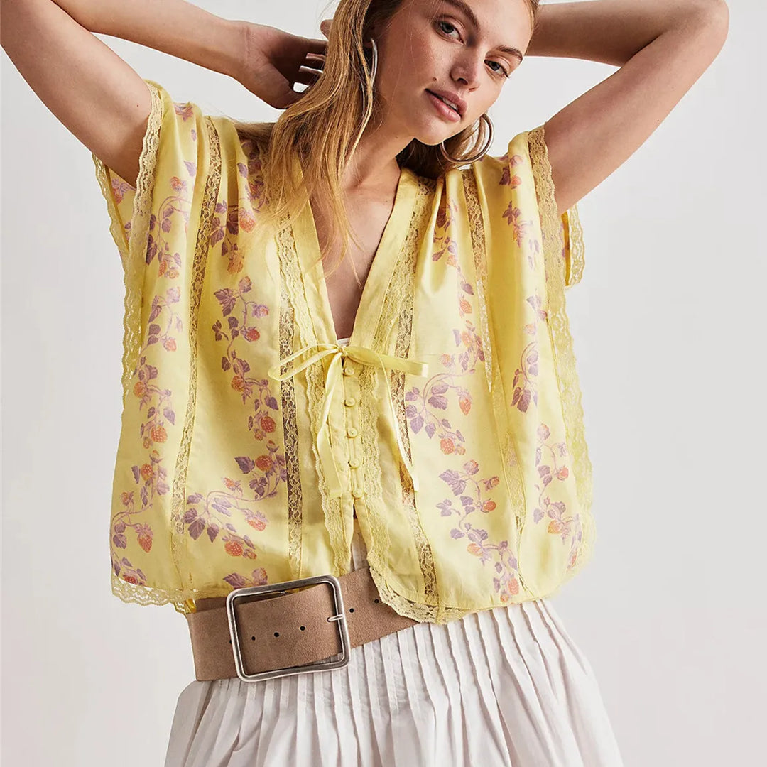 Olivia Bennet | Lace Trim Blouse for Women in Strawberry