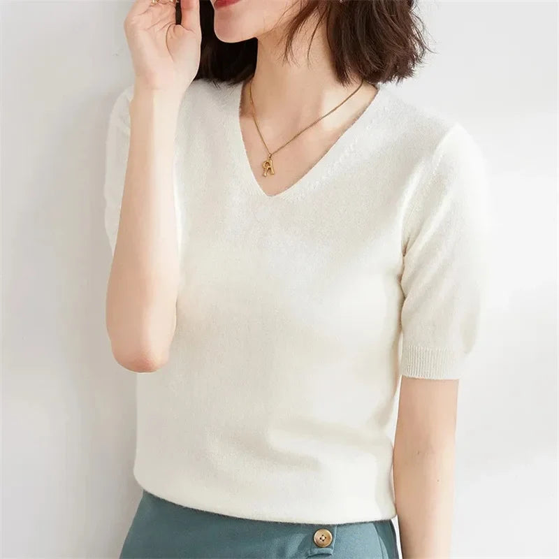 Olivia Bennet | V-Neck Knit Top for Women in Natural Color
