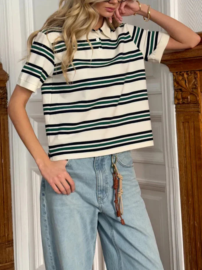 Olivia Bennet | Stripe Polo Tee for Women in Cotton Fit