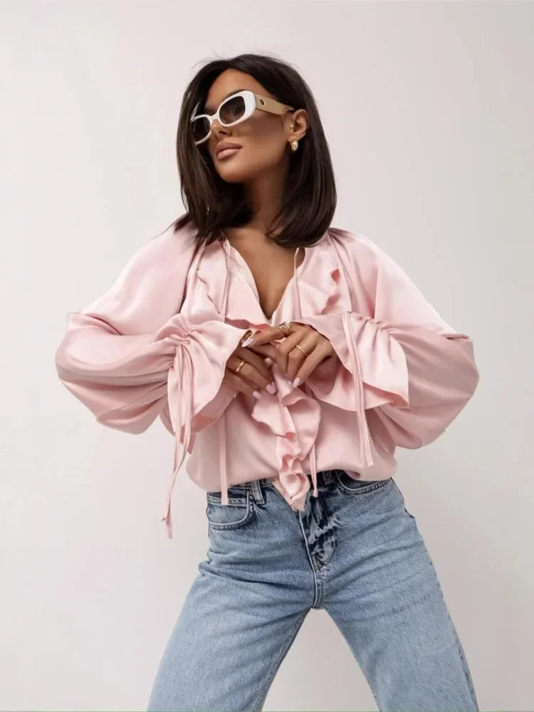 Olivia Bennet | Satin Ruffle Blouse for Women