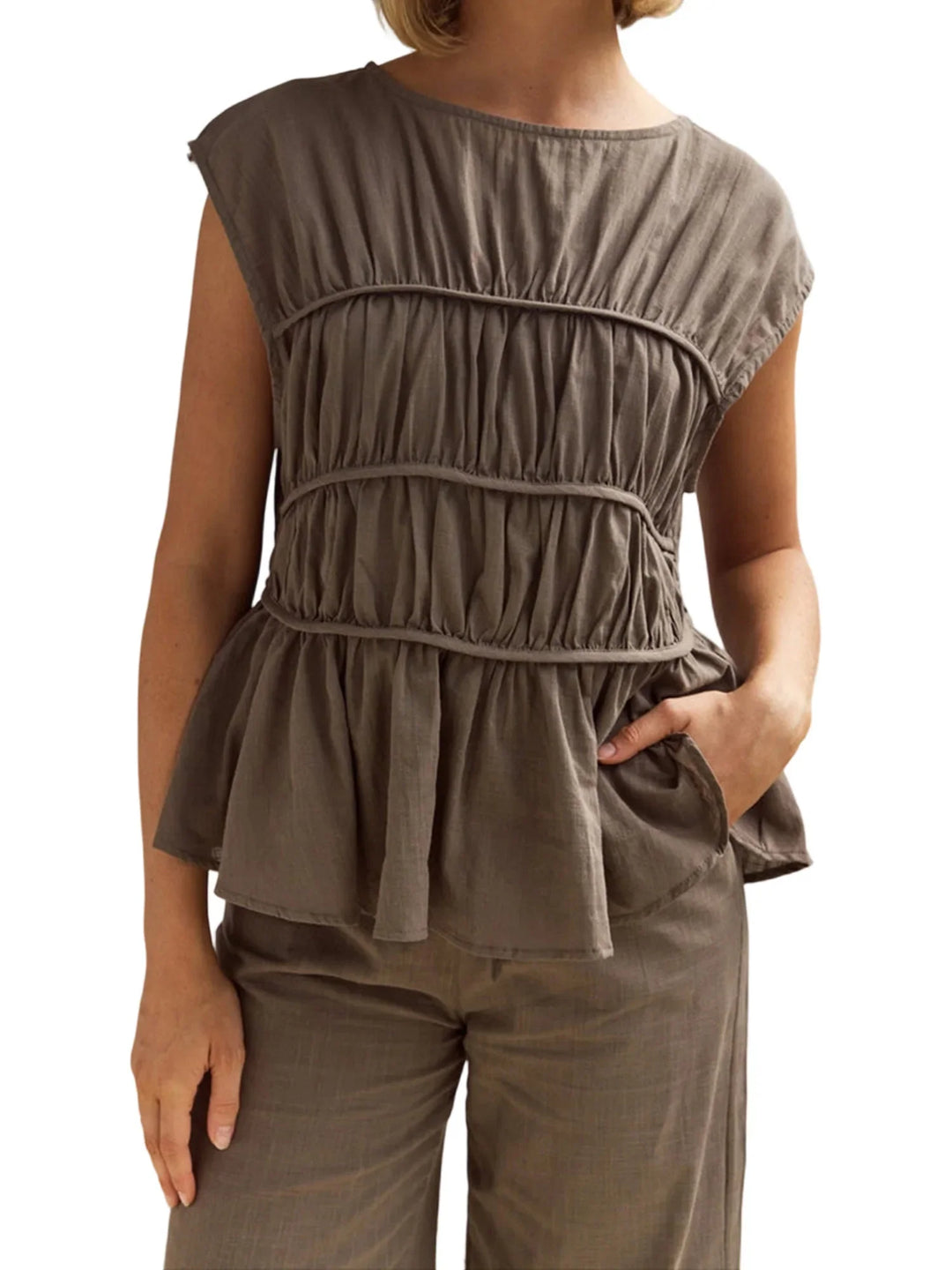 Olivia Bennet | Ruched Cap Sleeve Peplum Top for Women