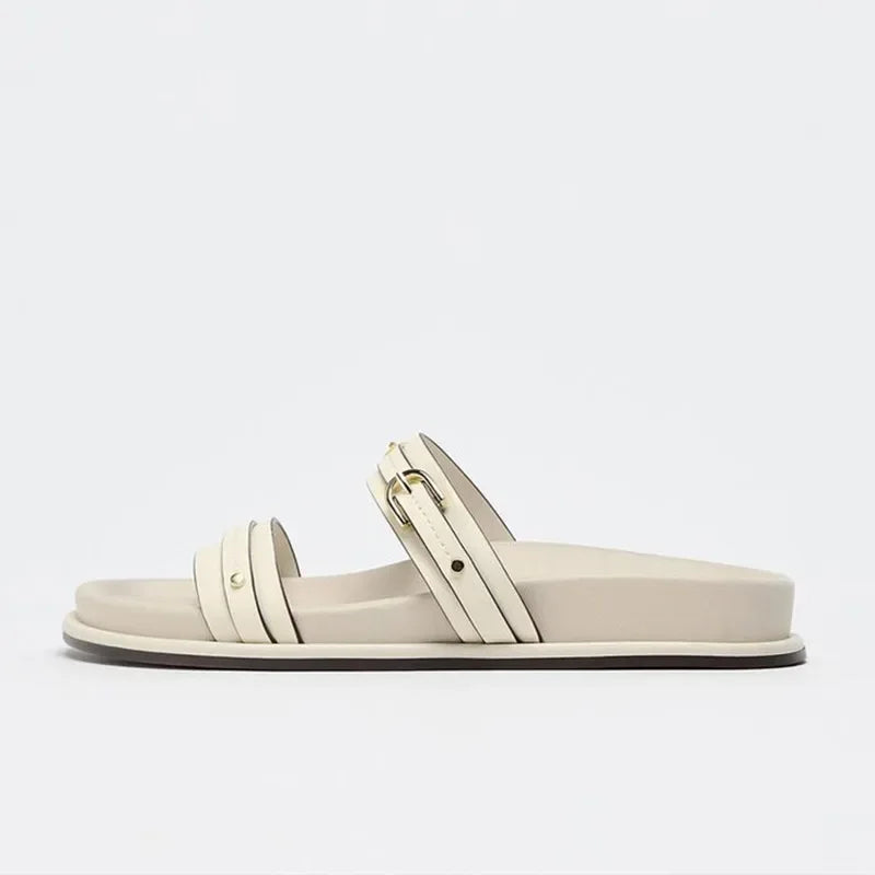 Olivia Bennet | Twin Strap Flats for Women in Natural Material