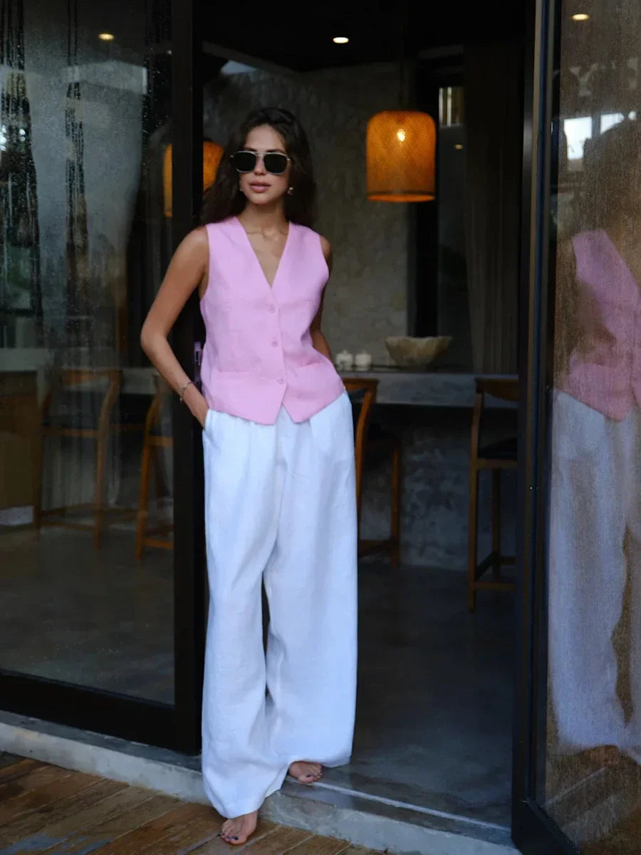 Olivia Bennet | Linen Wide-Leg Trousers for Women in Natural