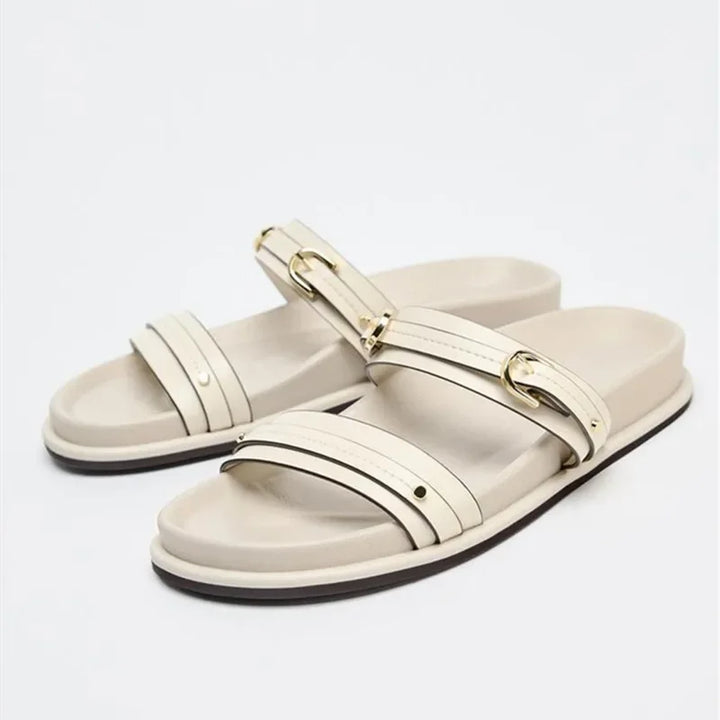 Olivia Bennet | Twin Strap Flats for Women in Natural Material