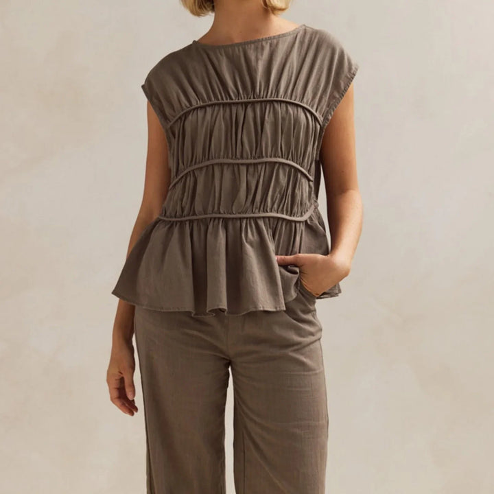 Olivia Bennet | Ruched Cap Sleeve Peplum Top for Women