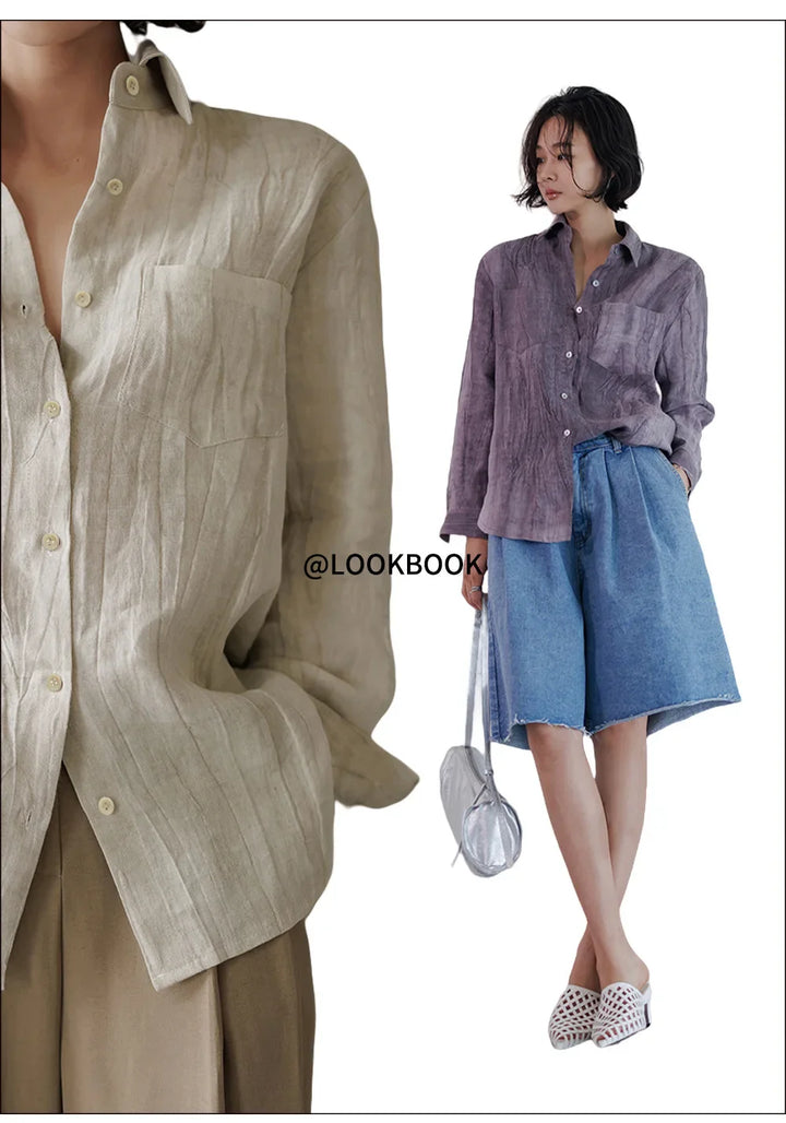 Olivia Bennet | Pleated Linen Button Shirt