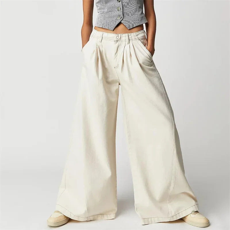 Olivia Bennet | Pleated Wide-Leg Jeans for Women in Denim