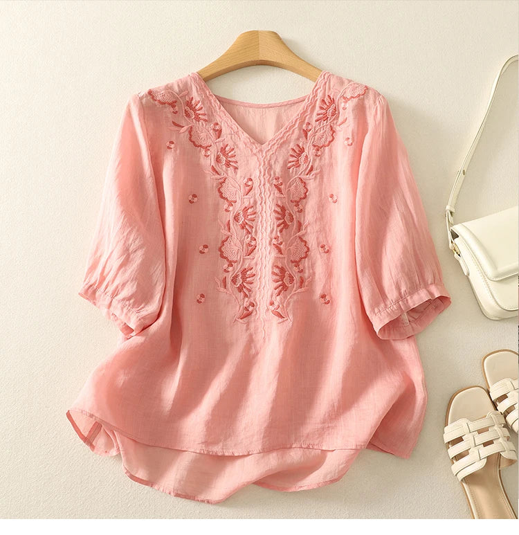 Olivia Bennet | V-Neck Cotton Blouse for Women in White
